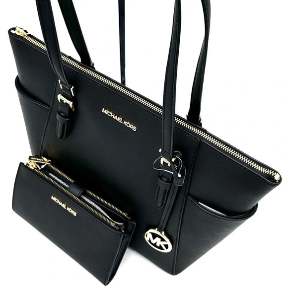 Michael Kors Large Charlotte Tote Bag & Large Double Zip Wallet Black (NWT) - Picture 11 of 14